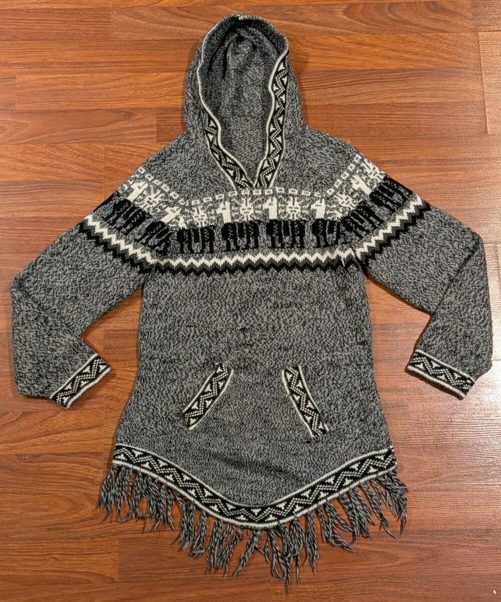 Handmade Bolivia Alpaca Wool Hooded Sweater Womens XS Andean Llama Fringe Gray